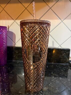 Starbucks Rose Gold Diamond-Pattern Tumbler with Straw LIMITED EDITION